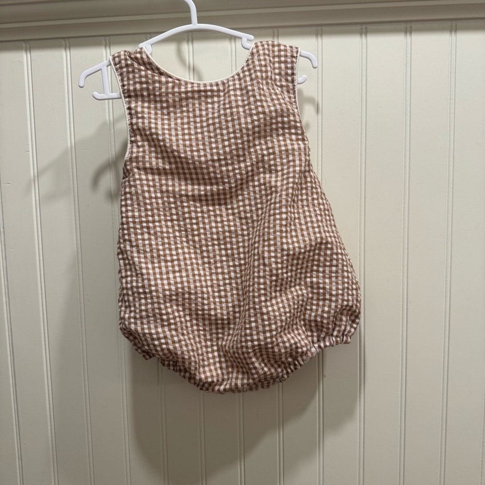 Lil Cactus Cream and Brown Gingham One-Piece Bubble Romper